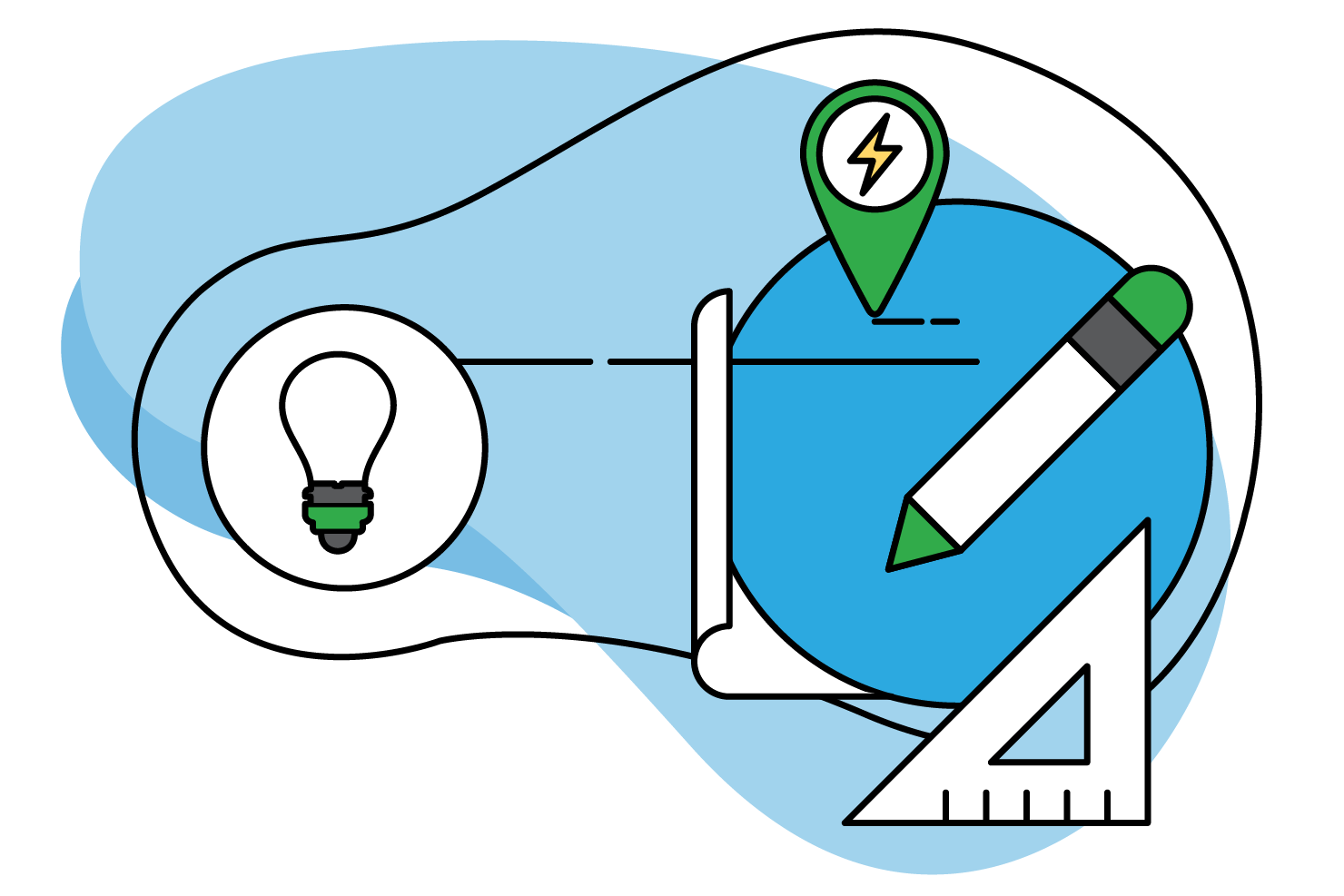 Stylized graphic of design and energy concepts with a lightbulb, pencil, ruler, and location pin with a lightning bolt.
