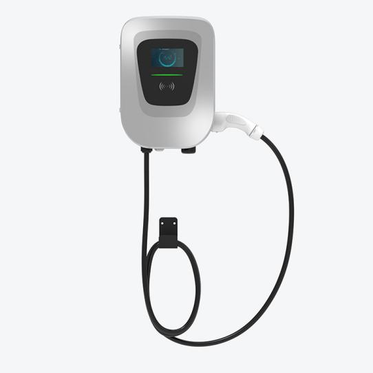 Modern Pilot x Piwin AC EV Charger connected to a charging cable, featuring a simplistic design with an intuitive interface.