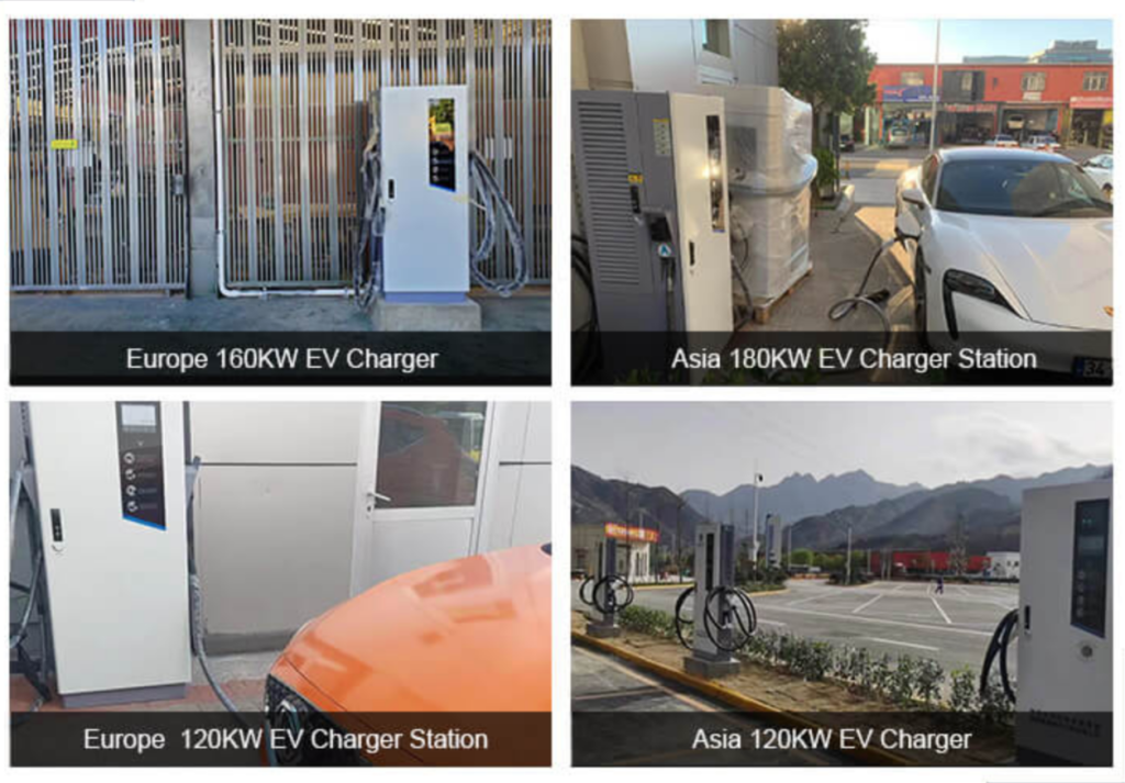 A collage showing European and Asian EV chargers, with power outputs of 160kW and 120kW, in urban and natural settings.