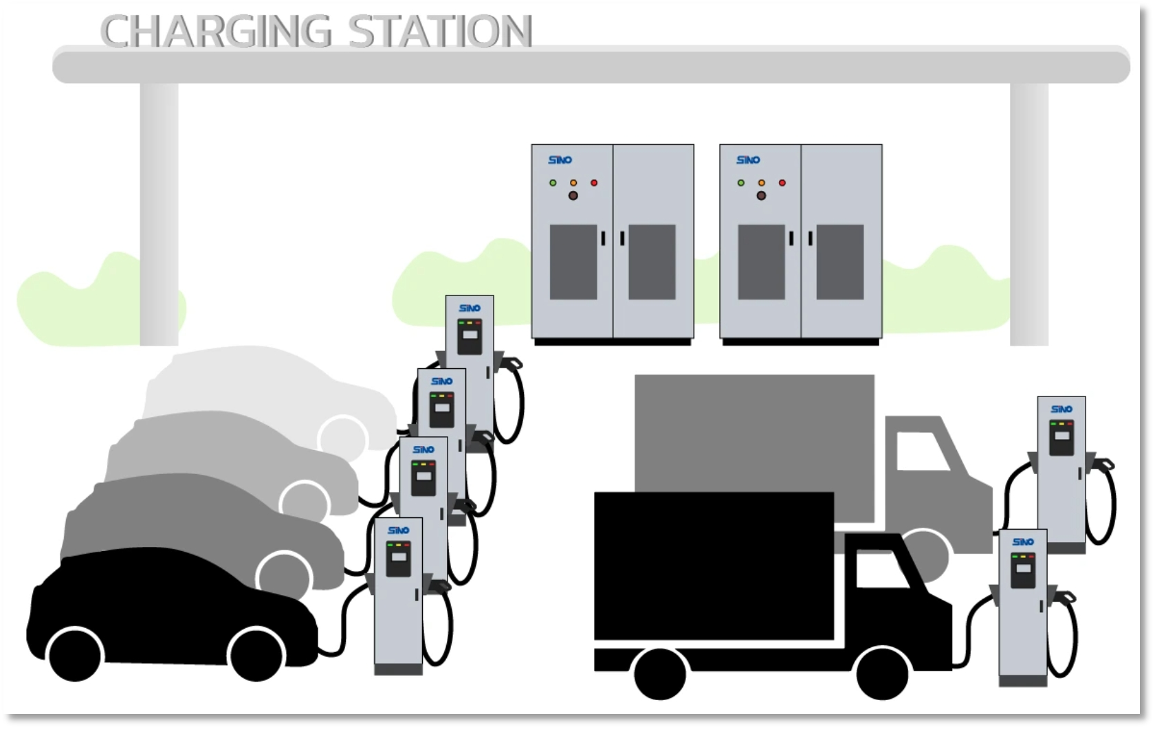Illustration of a charging station with multiple electric vehicles and trucks connected to high-power DC chargers.
