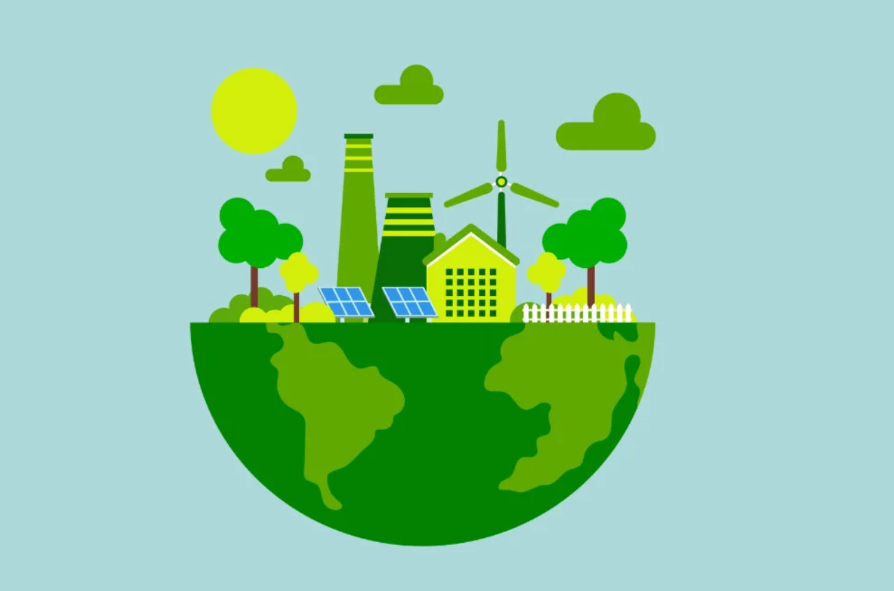  Illustrative concept of sustainable energy, showing a stylized green Earth with renewable energy sources including wind turbines, solar panels, and a factory, under a sunny sky with clouds.