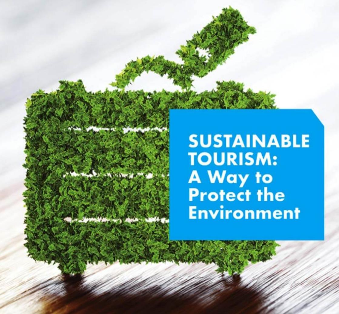 Green suitcase made of leaves with the text "Sustainable Tourism: A Way to Protect the Environment" on a blue background.