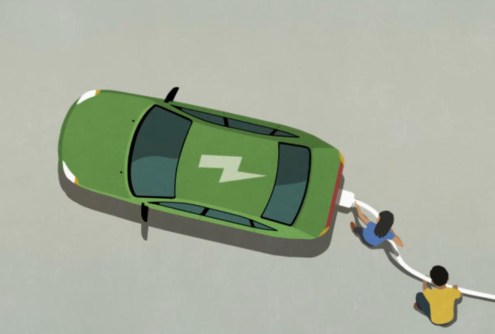 Top view illustration of a green electric car being charged by two people, highlighting EV charging.