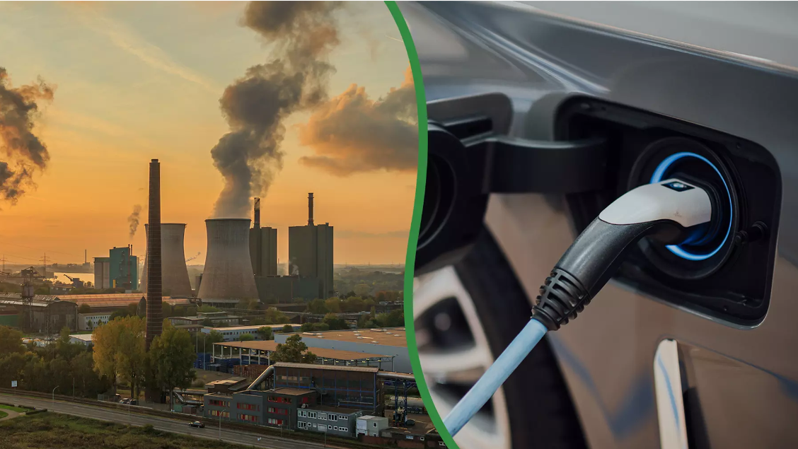 Contrasting image of a polluting fossil fuel power plant and a clean electric vehicle charging station.