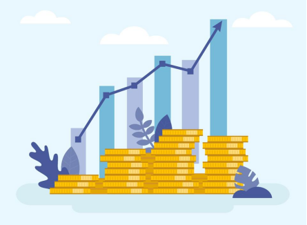 A pile of gold coins in front of a tree chart showing an upward trend