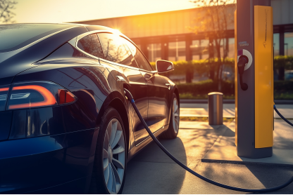 A black sedan is charging in the sun